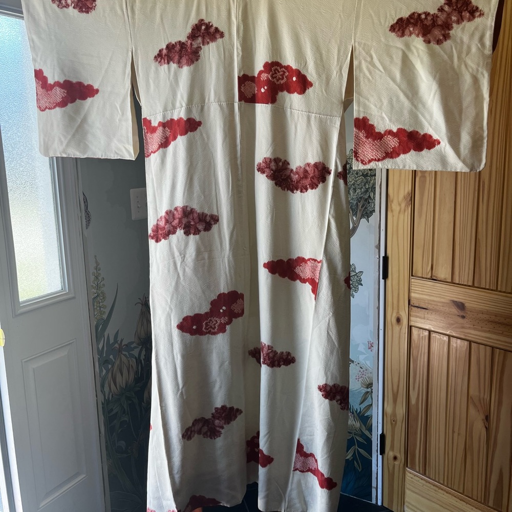 Vintage Japanese Kimono with Red Cloud Motif
